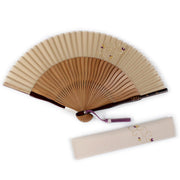 Ladies Cotton Silk Sensu :Japanese Traditional Folding Fan & Fan Bag 2 Piece Set - beige arabesque pattern